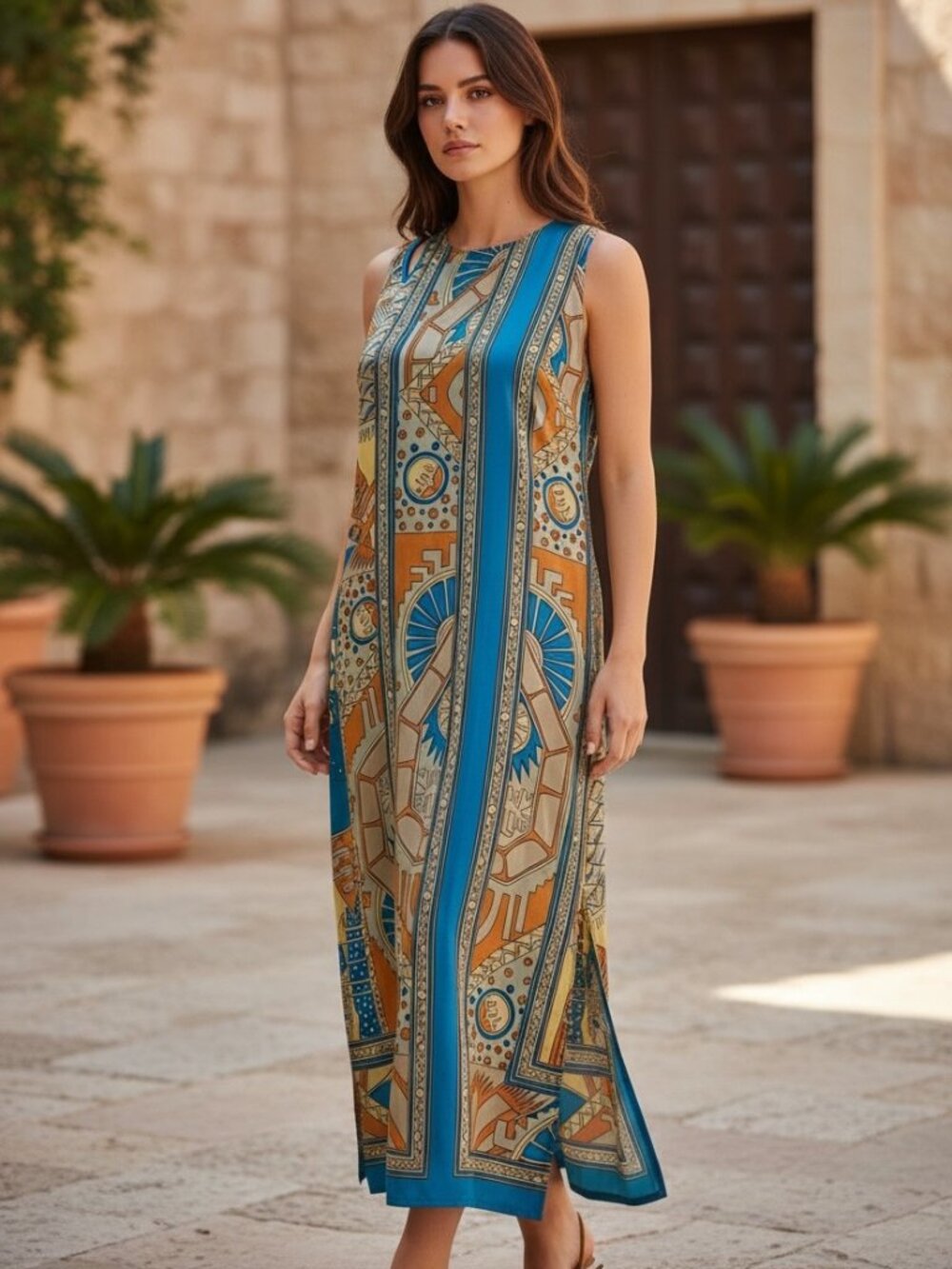 Akemi + Kin Anthropologie Blue Silk Geometric Print Maxi Dress Size 6